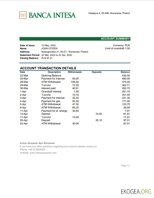 Modèle Excel et PDF de relevé bancaire de Pologne Banca Intesa